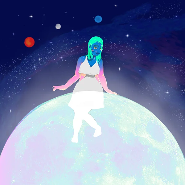 Digital illustration of a woman in a luminous cosmic landscape